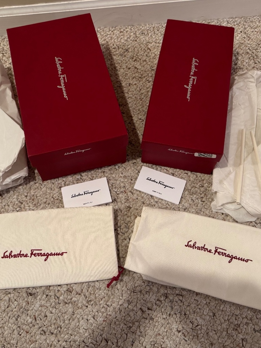 Ferragamo 2 Shoe Boxes Each with 2 Dust Bags, Tissue Paper & 2 Care Card